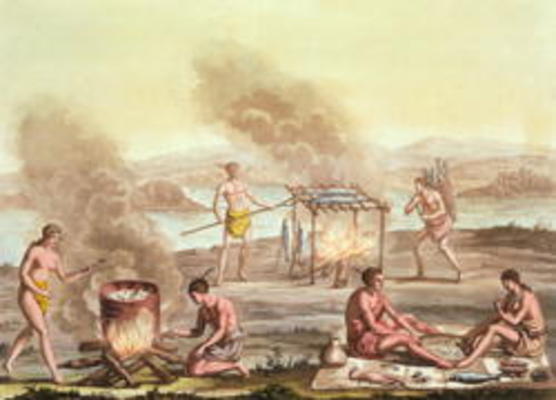 Indigenous natives from Florida preparing and cooking food (engraving) a John White