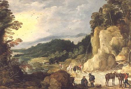 A Mountain Landscape with a Waterfall and Travellers at a Ford a Joos de Momper