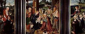 Winged altar adoration of the kings and Hieronymus and Catherine with the donors a Joos van Cleve