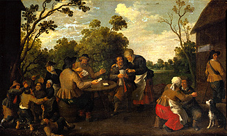Card playing smallholders and scrapping children in front of a farmhouse. a Joost Cornelisz Droochsloot