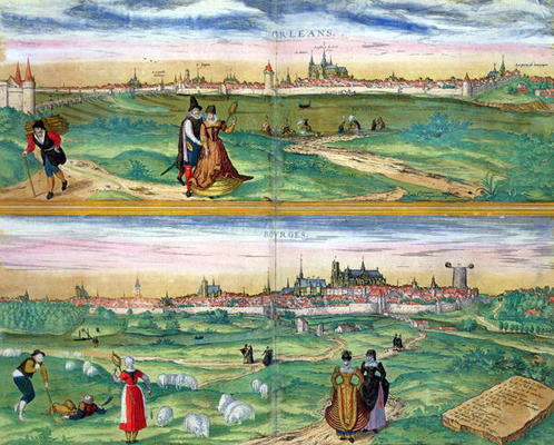 Map of Orleans and Bourges, from 'Civitates Orbis Terrarum' by Georg Braun (1541-1622) and Frans Hog a Joris Hoefnagel