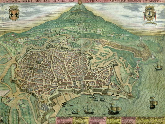 Map of Catania, from 'Civitates Orbis Terrarum' by Georg Braun (1541-1622) and Frans Hogenberg (1535 a Joris Hoefnagel