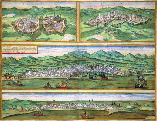 Map of Parma, Siena, Palermo, and Drepanum, from 'Civitates Orbis Terrarum' by Georg Braun (1541-162 a Joris Hoefnagel