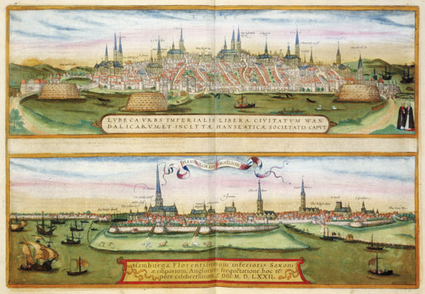 Map of Lubeck and Hamburg, from 'Civitates Orbis Terrarum' by Georg Braun (1541-1622) and Frans Hoge a Joris Hoefnagel