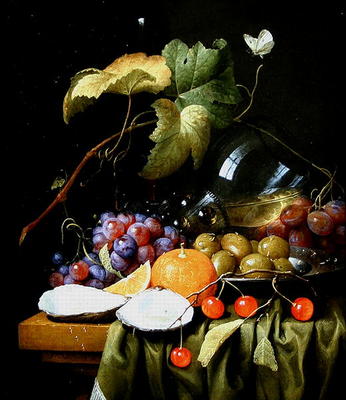 A Still Life of Fruits, Vines and an Oyster (oil on canvas) a Joris van Son