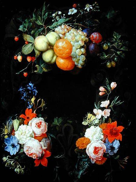 Oranges, peaches, grapes, plums, strawberries, raspberries and other fruit with roses, honeysuckle a a Joris van Son