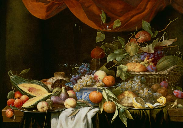 A Still Life of Fruit on a Draped Ledge a Joris van Son