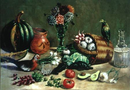 Still life with Pigeon, Parakeet and Vegetables a Jose Agustin Arrieta