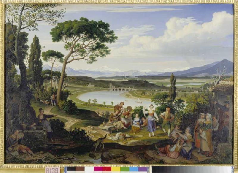 Tiberlandschaft near Rome with a rural feast. a Joseph Anton Koch