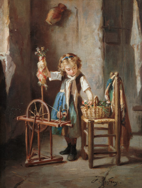 By the Spinning Wheel (panel) a Joseph-Athanase Aufray