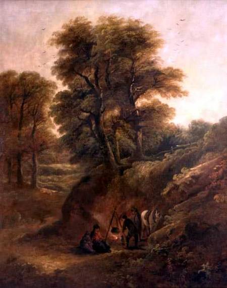 Wooded Landscape with Gypsies Round a Fire a Joseph Barker