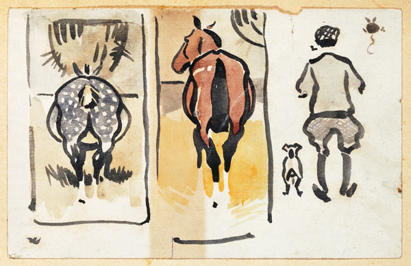 A page from a scrapbook containing 43 sketches a Joseph Crawhall