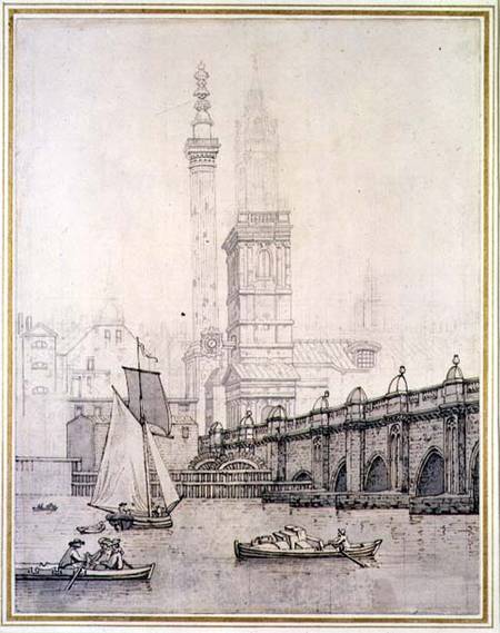 Old London Bridge and the Monument (pen & ink on paper) a Joseph Farington