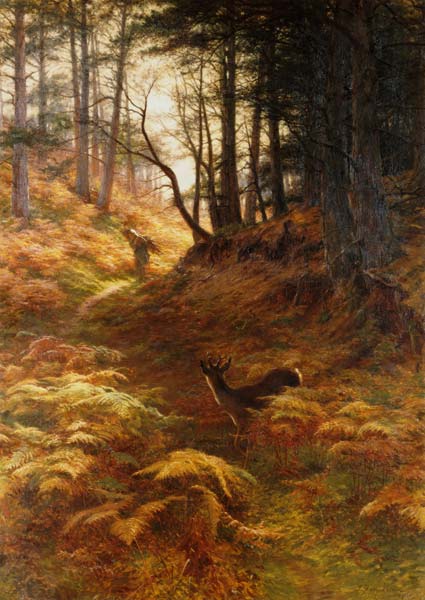 Woodland landscape with brushwood collector and roebuck a Joseph Farquharson