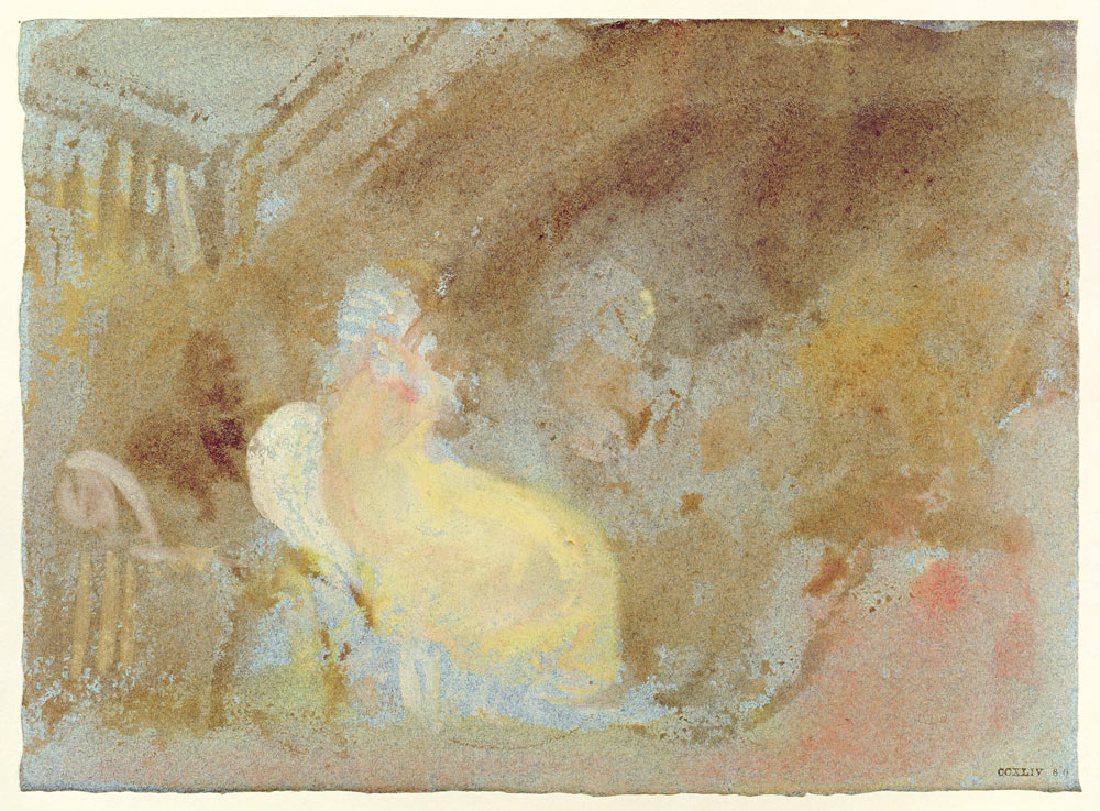 Interior at Petworth with seated figure a William Turner