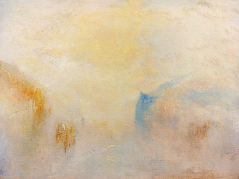 L'alba con una barca tra estremità di terra a William Turner