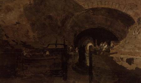 Men and barges at tunnel entrance a William Turner