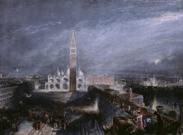 St. Mark's Place, Venice (Moonlight) engraved by George Hollis (1792-1842) pub. 1881 (litho) a William Turner
