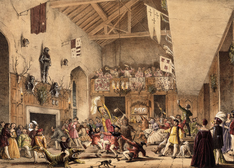 Twelfth Night Revels in the Great Hall, Haddon Hall, Derbyshire, from 'Architecture of the Middle Ag a Joseph Nash