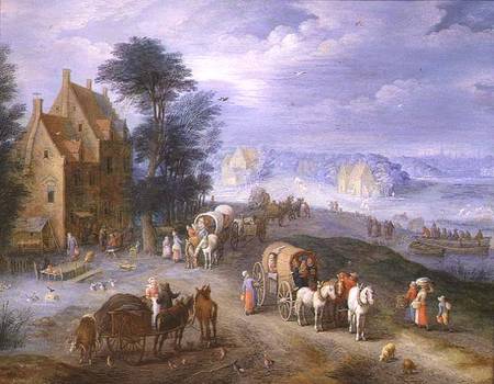 Landscape with peasants, carts and a ferry a Joseph van Bredael
