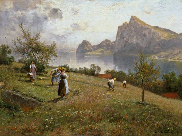 Hay harvest over the Chiemsee a Joseph Wopfner