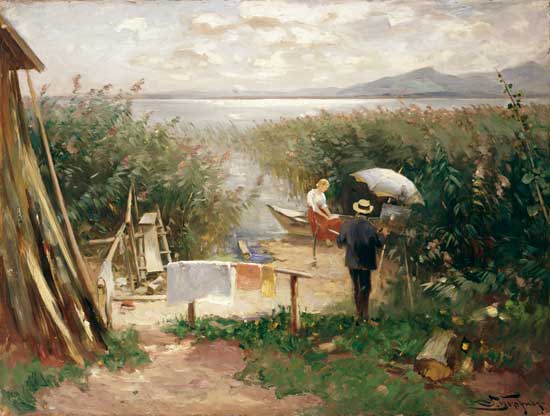 Painter on the Chiemsee shore a Joseph Wopfner