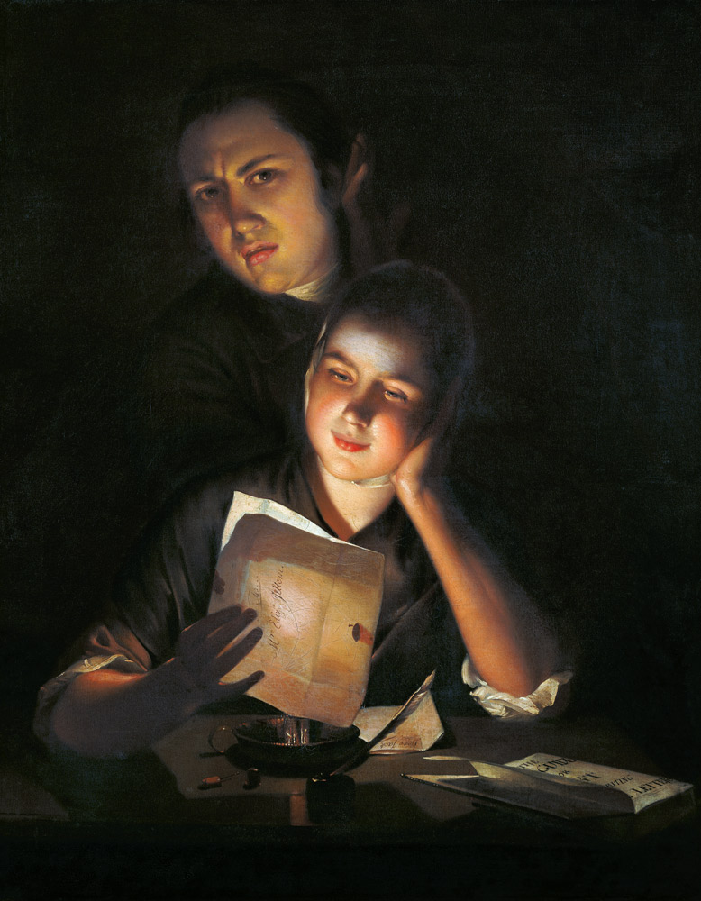 A Girl reading a letter by Candlelight, with a Young Man peering over her shoulder a Joseph Wright of Derby