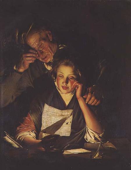 A Girl reading a Letter, with an Old Man reading over her shoulder a Joseph Wright of Derby