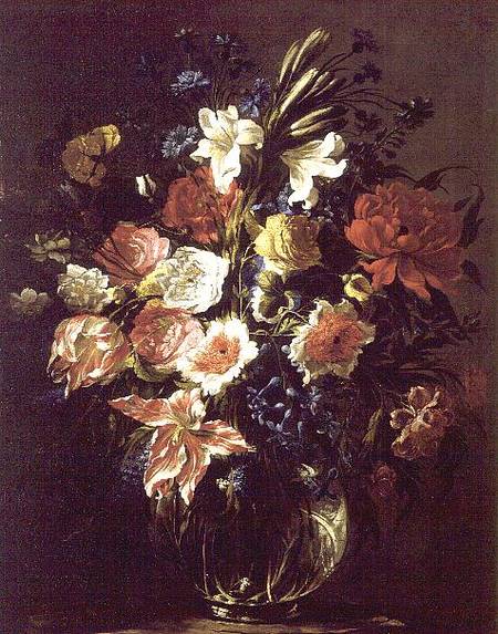 Lilies, peonies, tulips, cornflowers and other flowers on a glass vase on a pedestal a Juan de Arellano