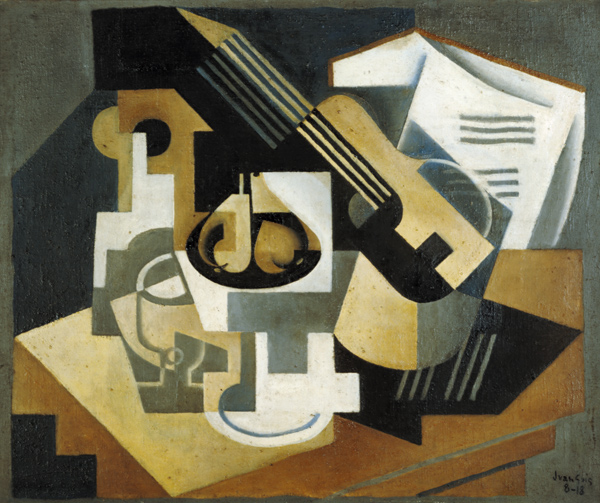 Guitar and compote bowl on a table. a Juan Gris
