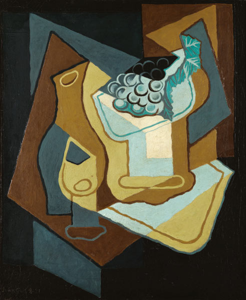 Bottle, glass and bowl with grapes a Juan Gris