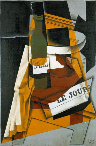 Bottle, newspaper and compote bowl a Juan Gris