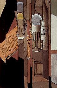Glasses, newspaper and wine bottle a Juan Gris