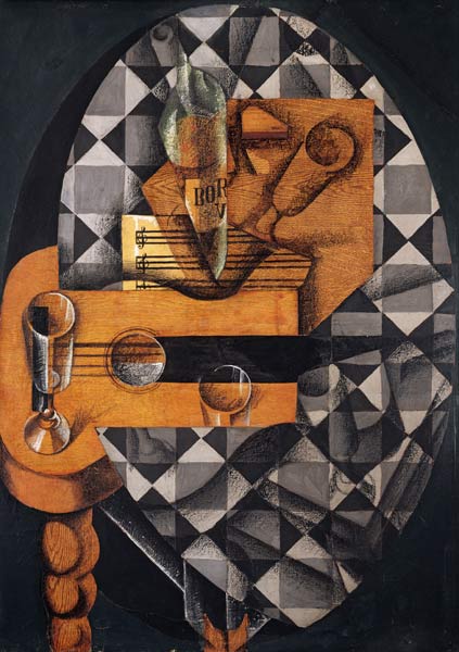 Guitar, Bottle, and Glass, 1914 (pasted papers, gouache & crayon on canvas) a Juan Gris