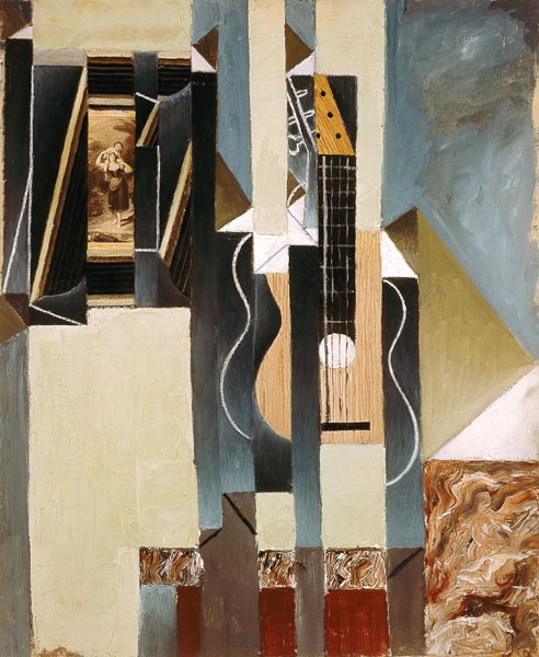 Quiet life with guitar and photo stuck on. a Juan Gris