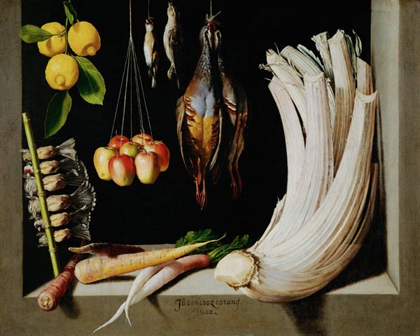Still life with dead birds, fruit and vegetables a Juan Sanchez Cotan