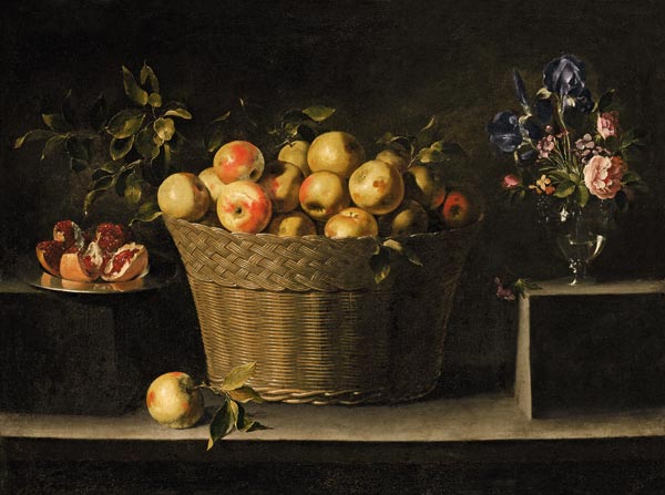 Äpfel in einem Weidenkorb, ein Granatapfel auf einem Silberteller und ein Blumenstrauß in einer Glas a Juan de Zurbaran