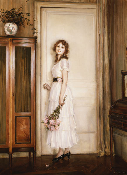 Junge Frau mit einem Rosenstrauß an einer Tür a Jules Alexis Muenier