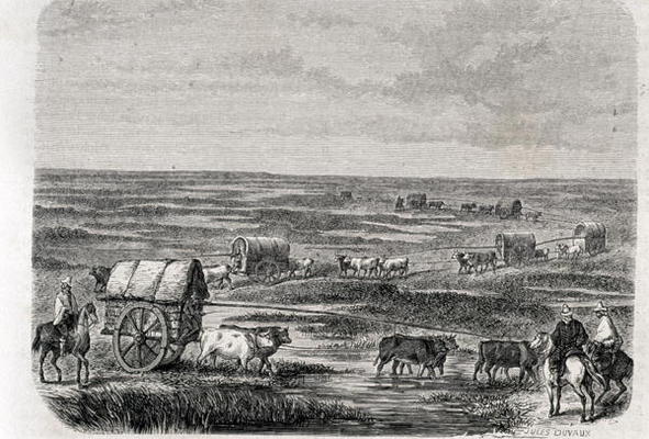 Wagon Train on the Argentinian Pampas in the 1860s, engraved by Alfred Louis Sargent (b.1828) (engra a Jules Antoine Duvaux