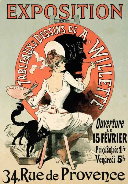 Reproduction of a poster advertising an 'Exhibition of the Paintings and Drawings of A. Willette (18 a Jules Chéret