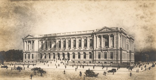 Perspective drawing by Jules Guerin of the Central Library of the Free Library of Philadelphia from  a Jules Guerin