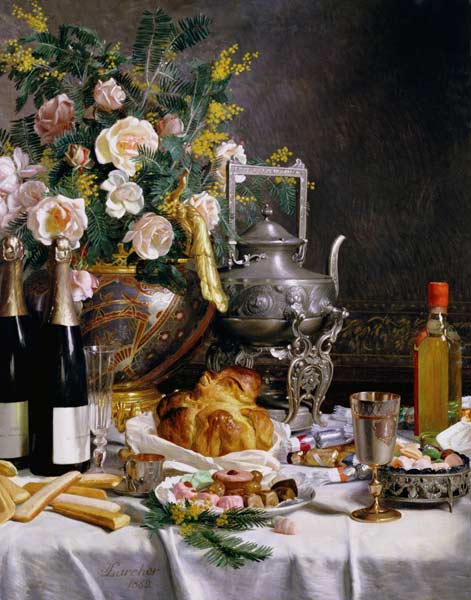 Champagner, Gebäck and Kuchen auf einer gedeckten Tafel a Jules Larcher