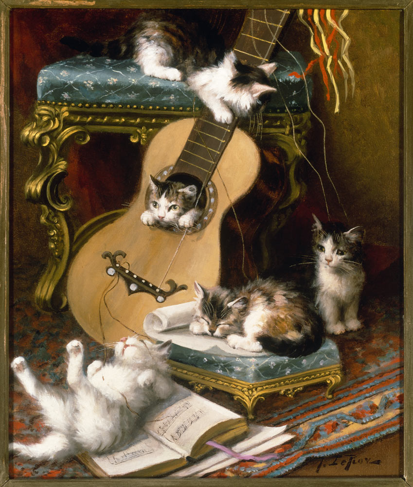 Kittens playing with a guitar a Jules Leroy