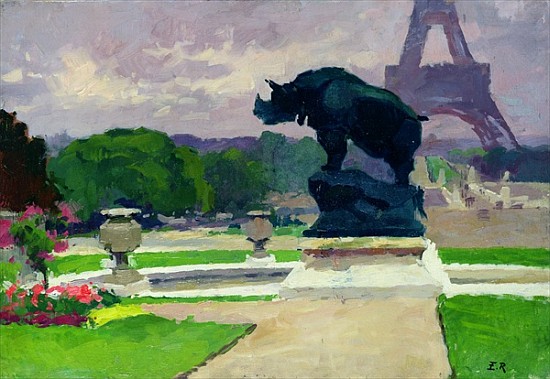 The Trocadero Gardens and the Rhinoceros by Jacquemart a Jules Ernest Renoux