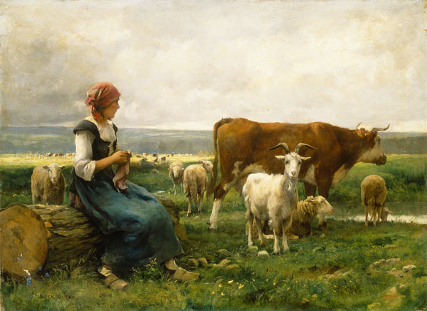Hirtin with sheep, cow and goat a Julien Dupré