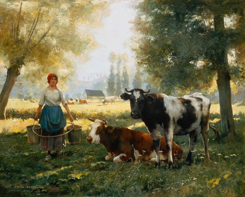 Milking girl with his cows a Julien Dupré