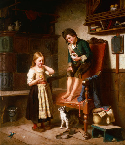 Two children with cat at a tiled stove a Julius Geerts