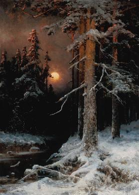 Paesaggio boscoso in inverno con la luna