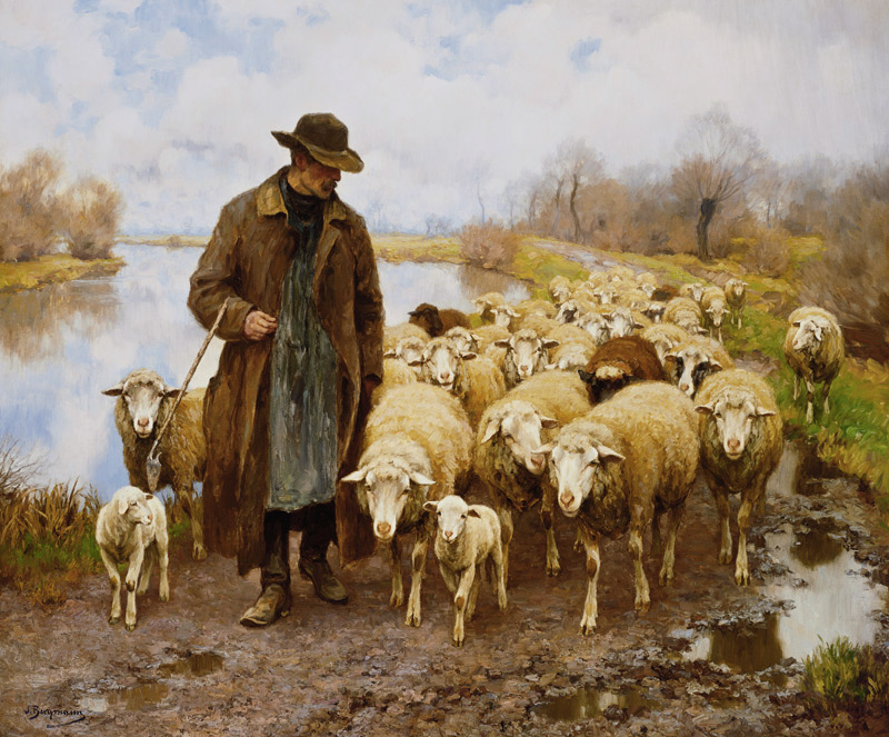 Ein Schäfer mit seiner Herde am See. a Julius Hugo Bergmann