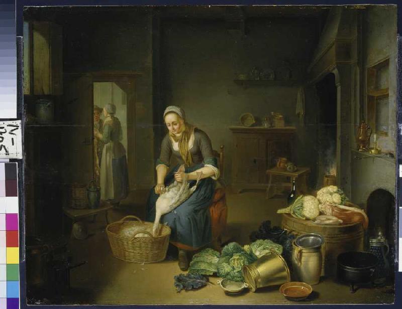 Küchenstück mit Gänse rupfender Frau a Justus Juncker